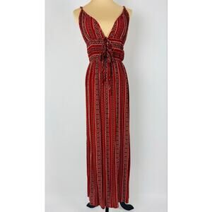 Olivia Grey XS Smocked Maxi Dress Red Turquoise Cut-out Western Hippie Festival